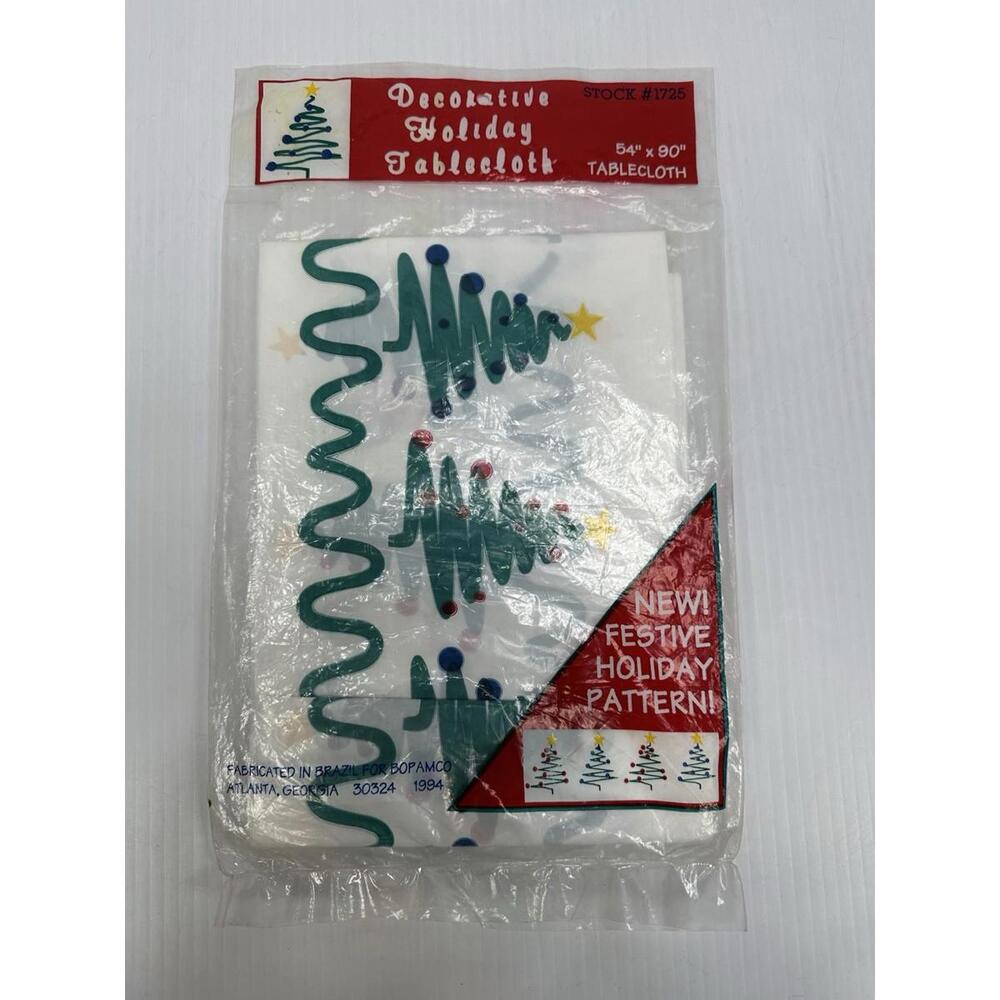 Vintage NOS Bopamco Plastic Christmas Tree Holiday Tablecloth 1994 54”‎ X 90”